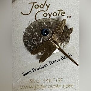 Jody Coyote Dragonfly Brooch Pin 925 Gold Silver MOP Cabochon Vintage